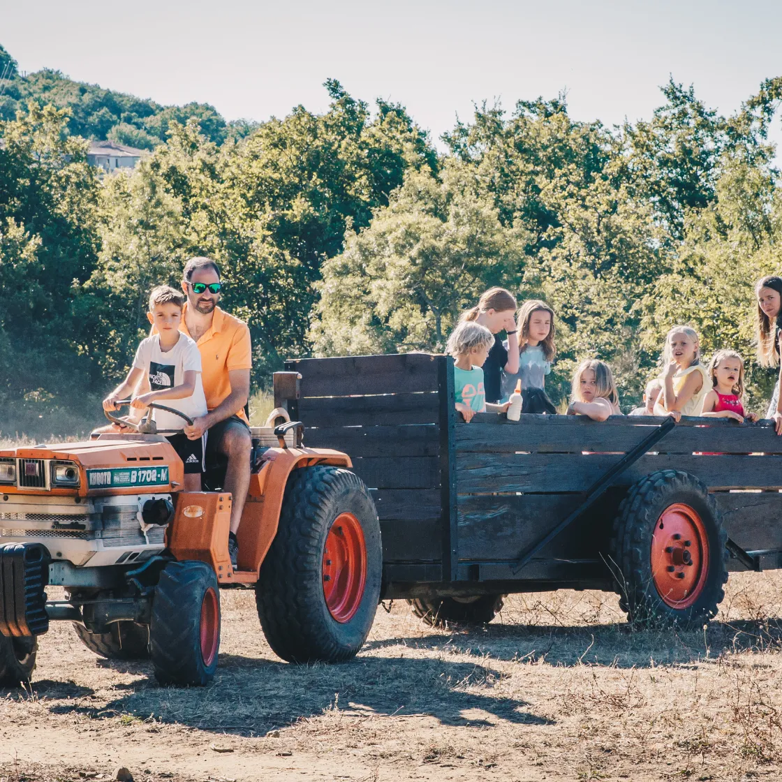 Man driving tractor with kids in trailer.