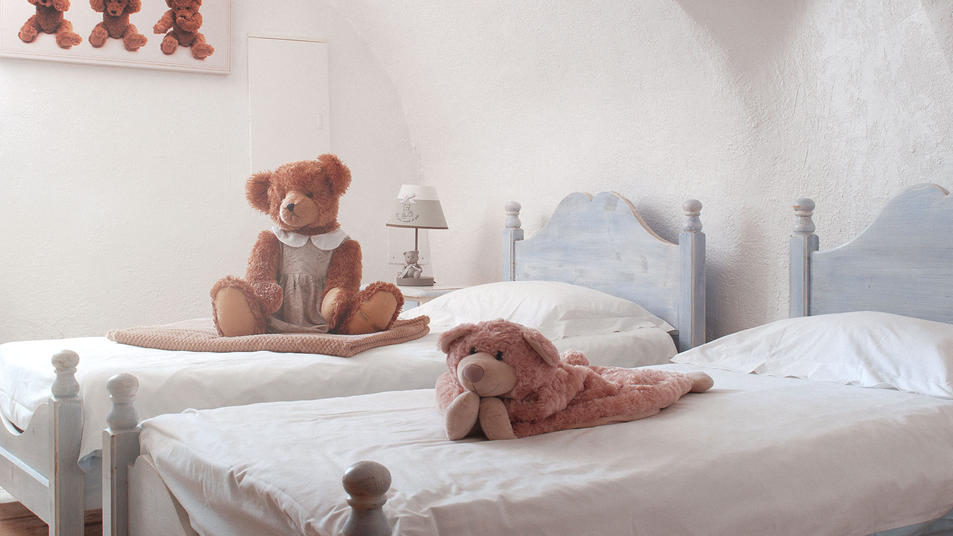 kids beds with a teddy bear in family-friendly holiday sites in the south of France.